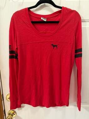 PINK Victoria's Secret Red Long Sleeve Varsity Tee with LOVE Sleeve Graphics